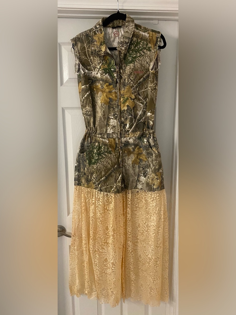 Upcycled Sleeveless Camo Romper with Cream Lace Skirt